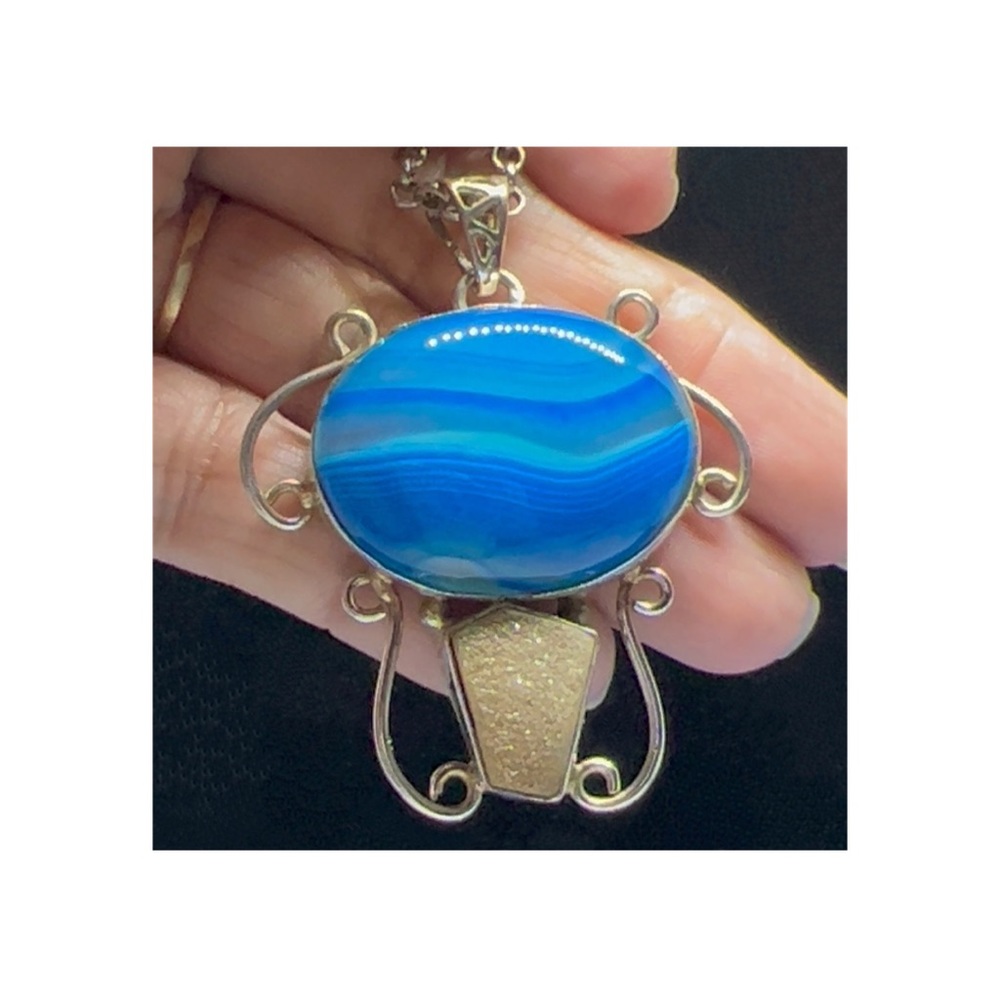 Dyed Blue Agate & Druzy Quartz 925 Sterling Pendant Necklace - Picture 2 of 6